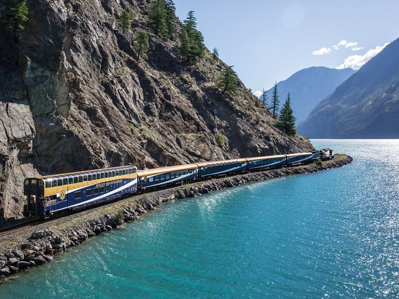 A scenic railway winding through the Canadian Rockies